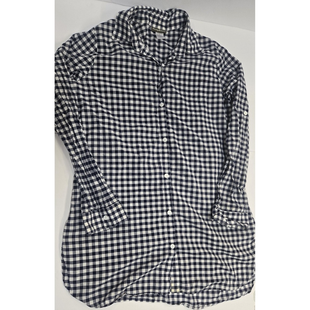 Tommy Bahama Men's Large Tall Gingham Shirt Navy Blue Tunic Roll Tab Sleeve LT